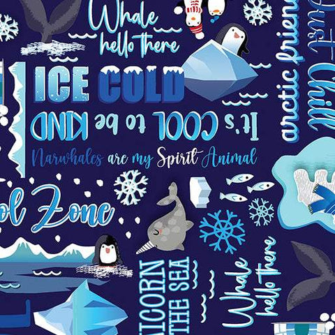 Arctic Friends Cool Words By Kanvas For Benartex Digitally Printed Navy