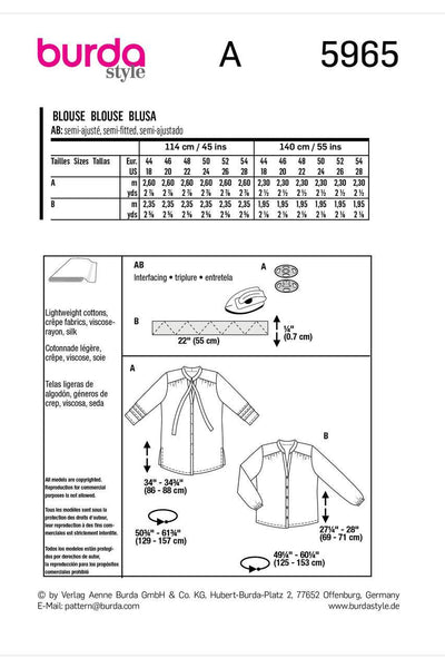 Burda - 5965 Misses' Blouse with Shoulder Yoke and Stand Collar