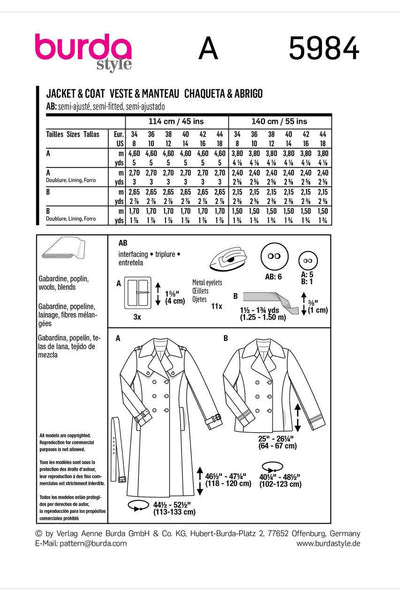 Burda - 5984 Misses' Caban Jacket and Trench Coat