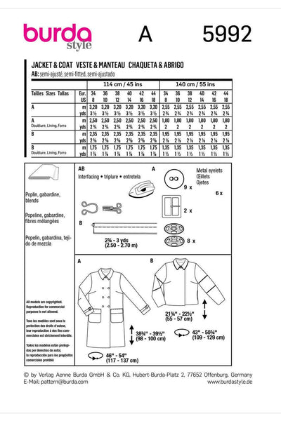 Burda - 5992 Misses' Double-Breasted Jacket and Coat