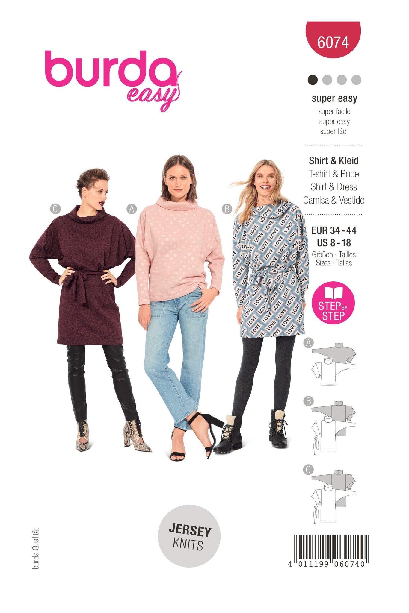 Burda - 6074 Top, Dress - with Loose Roll Neck Collar