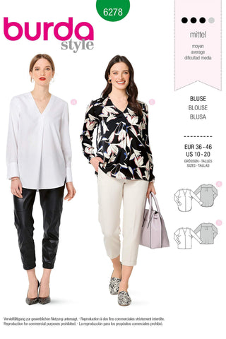 Burda - 6278 Blouse with Back Yoke - V-Neckline - Front Side Pleat