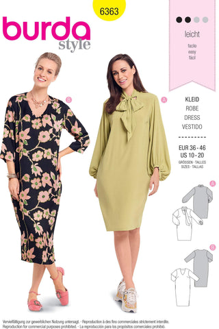 Burda - 6363 Boule Dress with Tie Collar - Interesting Sleeve Variation