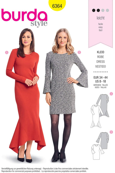 Burda - 6364 Long Dress with Side Godets - Shirt Dress with Sleeve Flounces