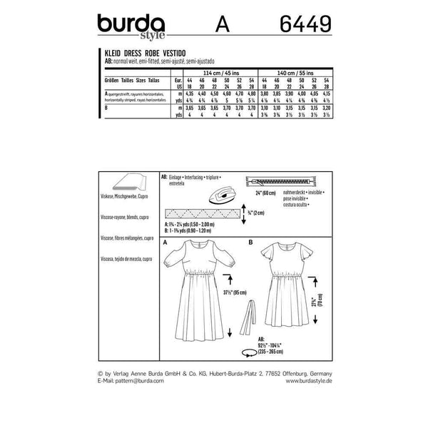 Burda - 6449 Summer Dress with Elastic Casing - Cut-Out-Sleeves - Wing Sleeves