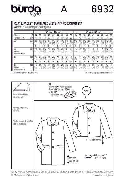 Burda - 6932 Mens Jacket/Coat