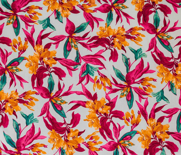 Kahlo Tropical Flowers Slub Ecru / Fuchsia / Yellow