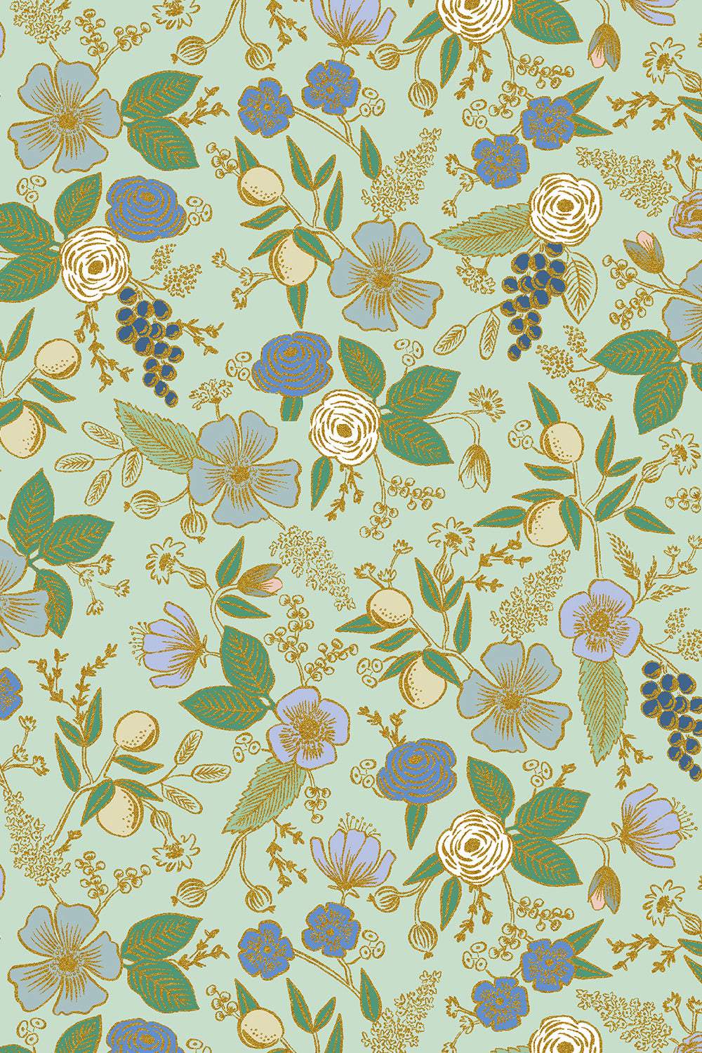 Orchard Colette By Rifle Paper Co. For Cotton + Steel Fabrics Mint / Metallic