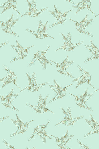 Serenity Blooms Hummingbird Dance By Ginger Deverell For Poppie Cotton Mint / Metallic Gold
