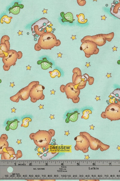 Teddy Bear Flannelette Aqua / Multi