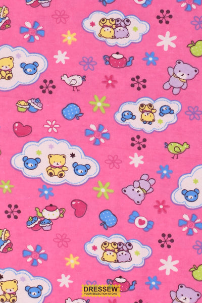 Teddy Tea Time Flannelette Pink / Multi