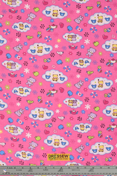 Teddy Tea Time Flannelette Pink / Multi