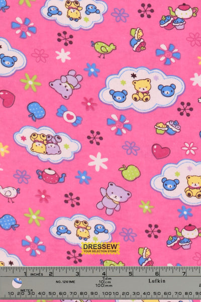 Teddy Tea Time Flannelette Pink / Multi