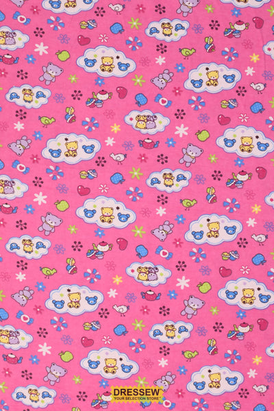 Teddy Tea Time Flannelette Pink / Multi